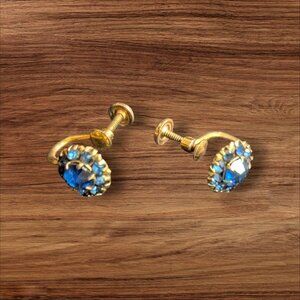 Vintage Blue Rhinestones  Gold  tone Screw-Back Earrings Classic Retro Jewelry